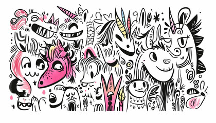 Playful Unicorn Doodle Illustration, Whimsical Background,  Kids Design,  Graphic Design.