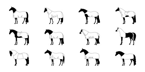 Set of black and white vector illustrations of horses in various blankets and saddles, isolated on a white background