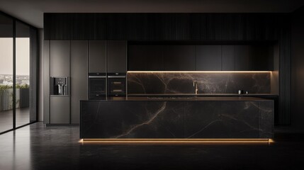 Modern Elegant Kitchen Interior with Dark Marble and Minimalist Design