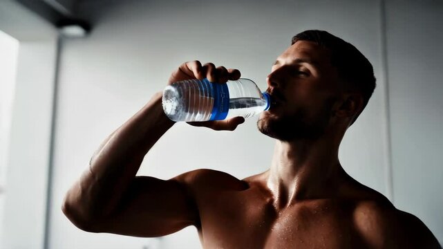 Athletic man rehydrates postworkout with water bottle in gym setting