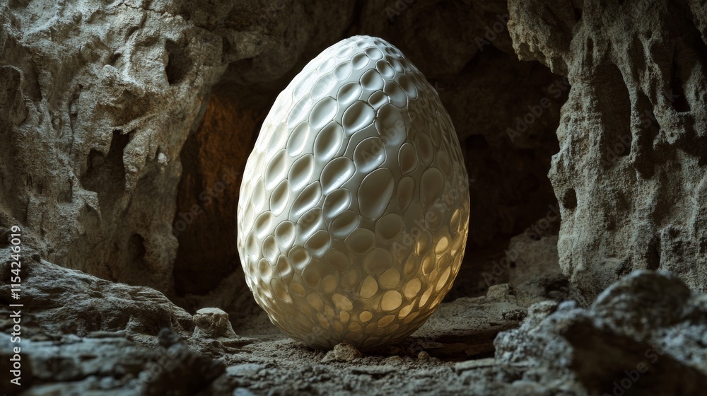 Poster a highly detailed, futuristic egg with a geometric texture stands out in a rocky cave, creating a se