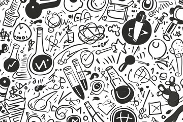 Science Doodle Background Abstract hand-drawn science elements, white background, seamless pattern, ideal for website design.