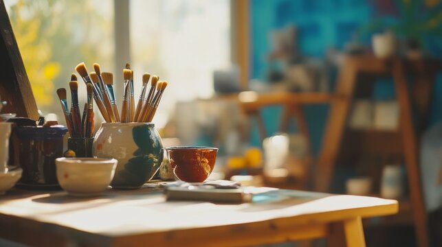 An inspiring ceramic painting station in a sunny studio, Paints and brushes neatly placed, Artistic expression style