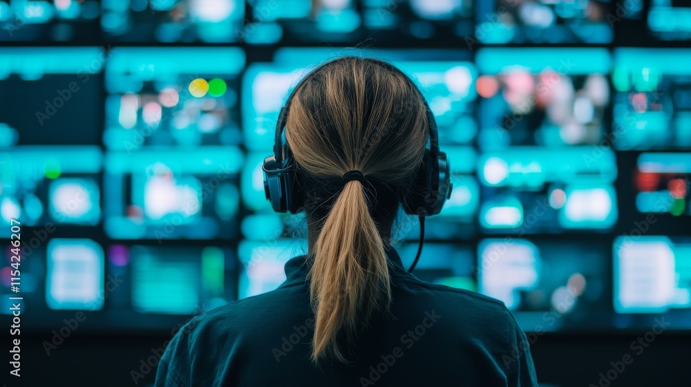 Aufkleber a person with headphones monitors multiple screens displaying various content in a dimly lit environ