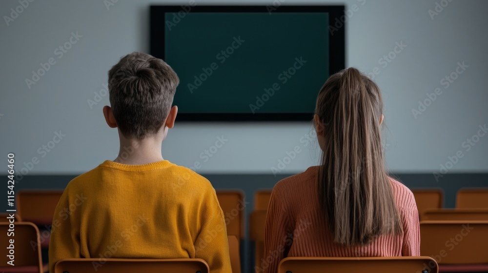 Poster two children sit in a classroom, facing an empty screen, creating a sense of anticipation or focus i