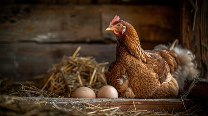 Hen sitting on two eggs in a rustic barn.