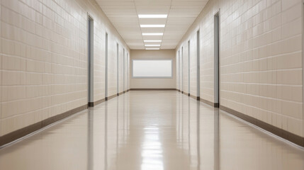 A clean, bright hallway with white walls and shiny floors, featuring evenly spaced doors along both sides leading to unknown rooms.