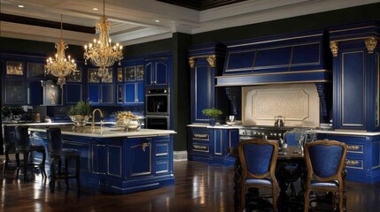 Fototapeta premium Elegant Blue Kitchen with Luxury Design and Stunning Chandeliers