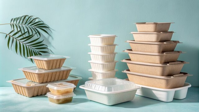 Different biodegradable food containers are stacked and arranged, showcasing sustainable packaging options for takeaway or delivery services, promoting eco conscious practices in the food industry