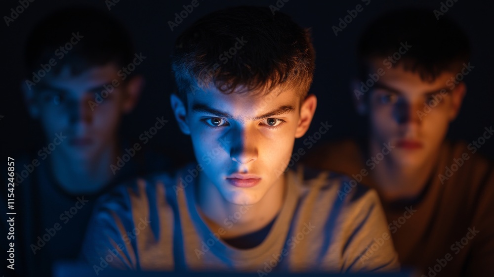 Poster a focused young man illuminated by screen light, with two ghostly reflections behind him, creating a