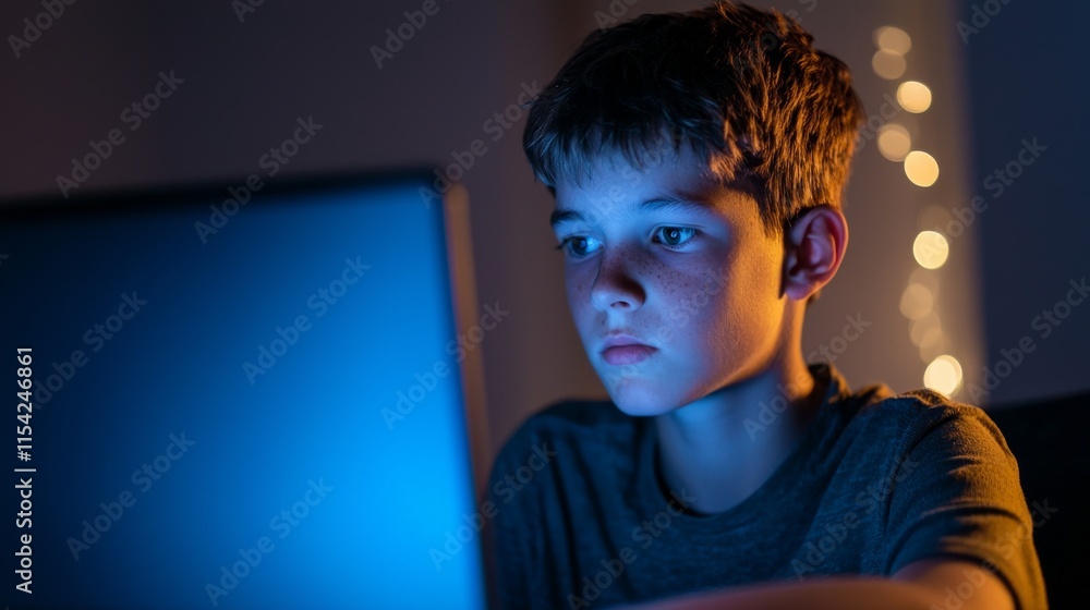 Poster a focused boy sits in front of a computer screen, illuminated by soft blue light, surrounded by a co