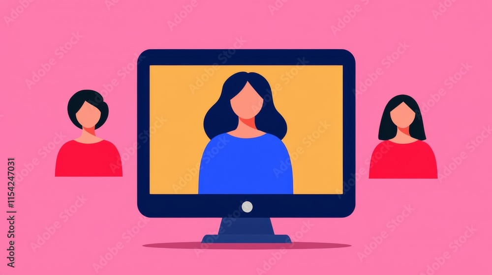 Poster a graphic showing a computer screen with a woman and two smaller figures on either side, set against
