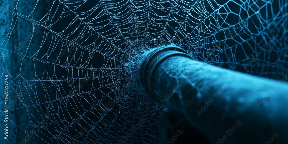 Aufkleber a close-up of a spider web on a pipe, illuminated in blue light, showcasing intricate patterns and t