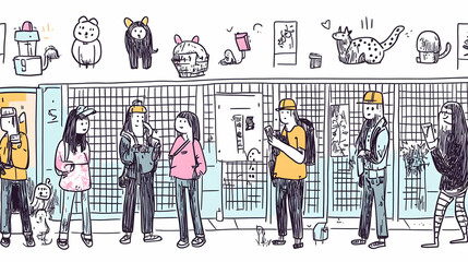 Students chatting, queuing outside a building with animal art, city background, education illustration.