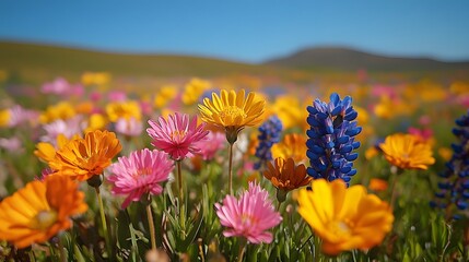 Obraz premium Colorful Wildflowers Bloom Under Blue Sky