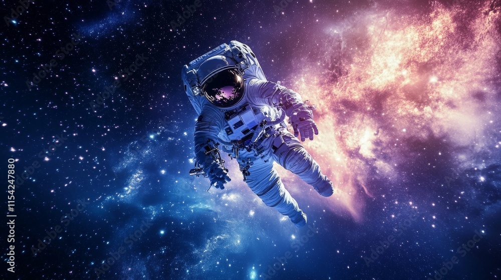 Poster a lone astronaut floats through the colorful expanse of a nebula, surrounded by brilliant hues of bl