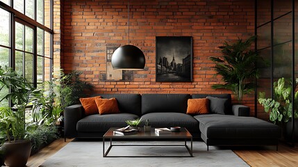 Modern living room with exposed brick wall, sectional sofa, plants, and large window.