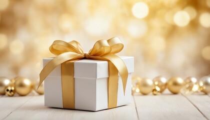 Gift box with golden ribbon in soft blurred holiday background