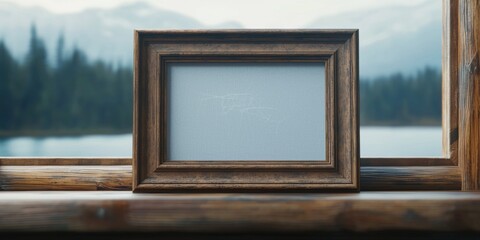 A rustic wooden picture frame sits on a windowsill, overlooking a serene landscape of mountains and trees in the background.