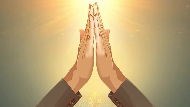 Hands in Prayer Position with Glowing Light: Inspirational Animation Featuring a Spiritual Golden Glow, Ideal for Faith-Based, Wellness, or Meditation Projects.