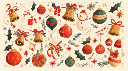Festive Christmas-themed illustration with ornaments, bells, and a snowman.