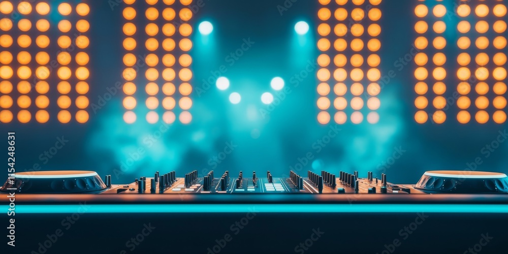 Poster a vibrant dj setup with illuminated lights and a sleek mixer, creating an energetic atmosphere for m