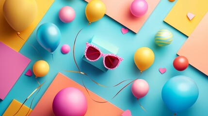 Playful flat lay with colorful balls and glasses