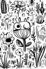 Whimsical black and white garden illustration with flowers, cacti, and cute creature, perfect for children's book or textile design.
