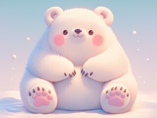 A cute, fluffy polar bear sitting in a snowy landscape, exuding warmth.