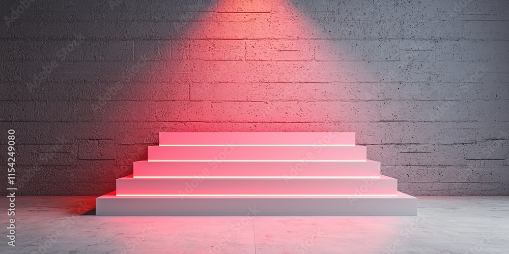 Poster a minimalist, illuminated staircase with soft red lighting against a textured wall, creating a moder