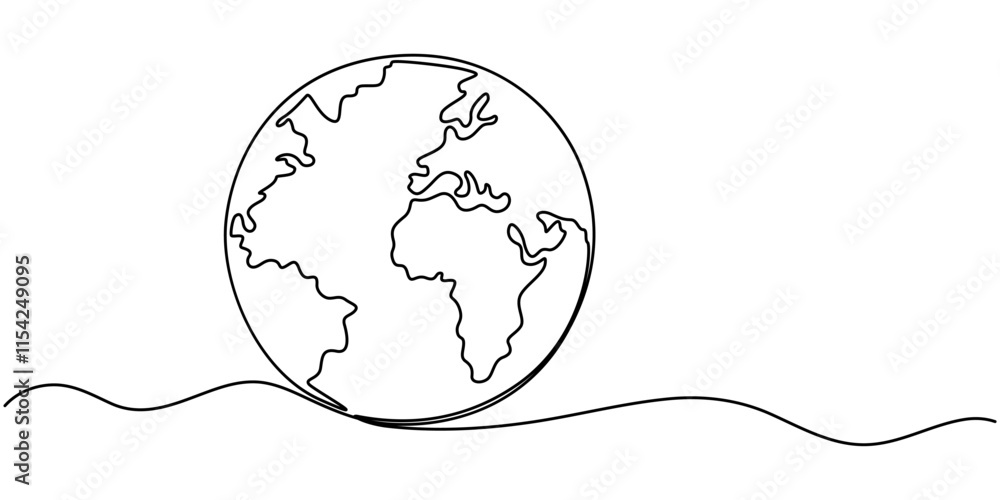 Poster Planet Earth Continuous Line Icon, Globe. Earth globe one line drawing of world map minimalist vector illustration isolated on white background. Continuous line drawing, pro vector illustration.