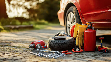 Car emergency travel kit neatly organized inside the trunk of a modern car with essential safety items