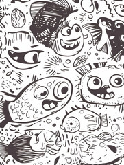 Whimsical cartoon fish underwater scene, playful illustration, textile print design.