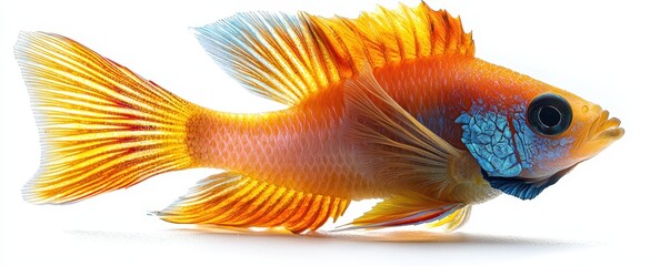 Fototapeta premium A vibrant orange fish with striking blue accents and flowing fins, showcasing its beauty in a clear aquatic environment.