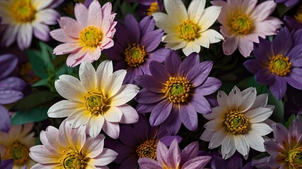 gruop of colourful flowers mainly purple, pink and white