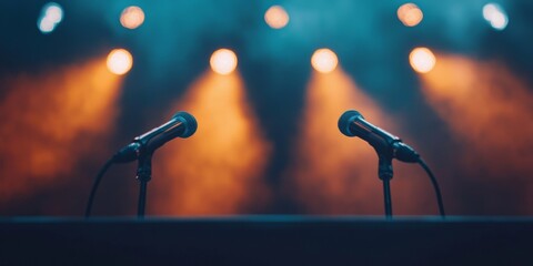 Obraz premium Two microphones stand on a stage, illuminated by warm, colorful lights, creating an inviting atmosphere for performance or dialogue.