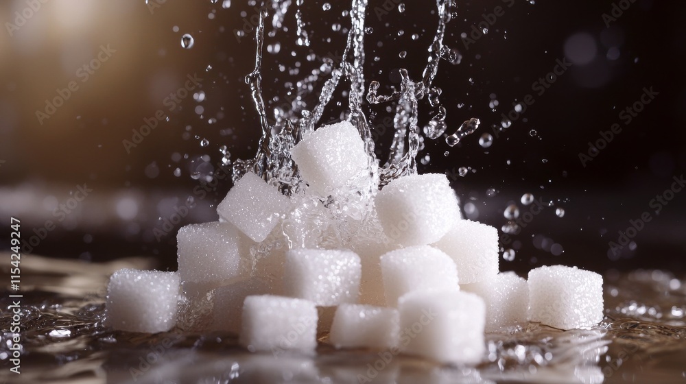 Aufkleber a dynamic splash of water surrounds a pile of white sugar cubes, creating an engaging visual effect 