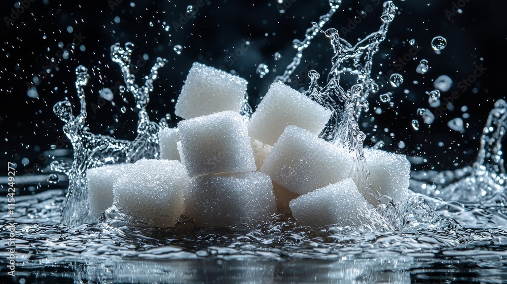 Poster sugar cubes splash into water, creating dynamic waves and droplets against a dark backdrop, illustra