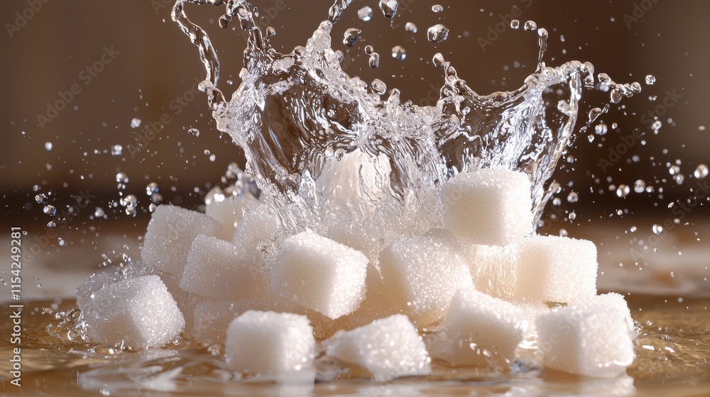 Poster a splash of water surrounds white sugar cubes, creating a dynamic and refreshing visual effect.