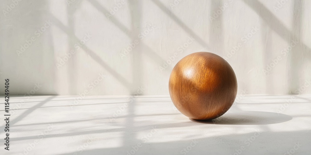Poster a wooden ball rests on a light surface, casting shadows that create an artistic interplay of light a