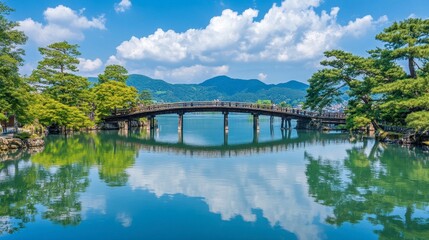 Serene Wooden Bridge Reflecting on Calm Lake under Blue Sky