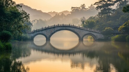 Fototapeta premium Serene Landscape with Arch Bridge Reflecting in Calm Water
