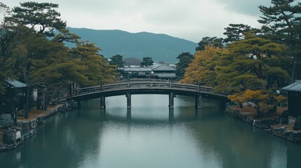 Fototapeta premium Serene Japanese Garden with Wooden Bridge over Tranquil Water