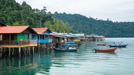 Naklejka premium Colorful Wooden Houses on Stilts by Serene Tropical Waters