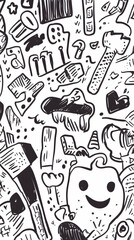 Obraz premium Whimsical doodle art background; city objects, tools, and smileys; white background; design element.