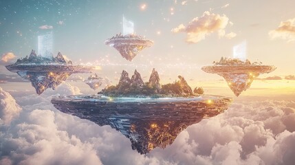 Futuristic floating islands in the clouds at sunset.