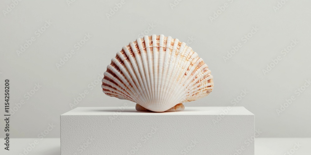 Poster a beautifully displayed scallop shell resting on a minimalist pedestal, highlighting its intricate n