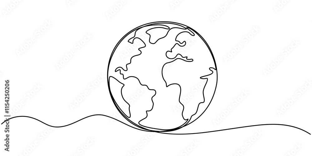 Poster Planet Earth Continuous Line Icon, Globe. Earth globe one line drawing of world map minimalist vector illustration isolated on white background. Continuous line drawing, pro vector illustration.