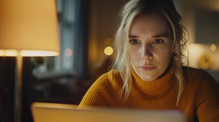 Young woman using laptop at night, serious expression.
