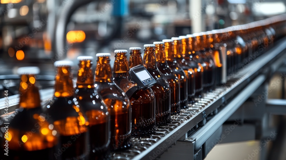 Poster beer bottles traveling on an automated conveyor belt inside a brewery. the image captures the effici